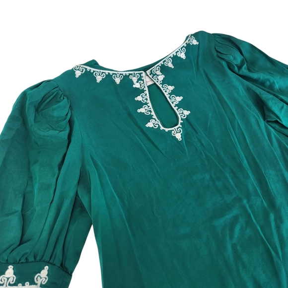 Miss D By Oscar de la Renta Emerald Silk Blouse White Embroidery Vintage 8 - Picture 2 of 12